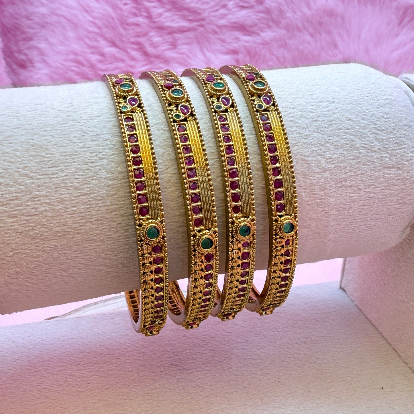 Antique Gold Temple Bangles with Ruby & Emerald Stones | Traditional South Indian Bridal Bangle Set (4 Pcs)