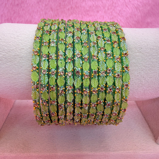 12 Pcs Leaf Stone Glitter Bangles Set for Women | Traditional Fashion Bangle Combo | Multi-Color Collection