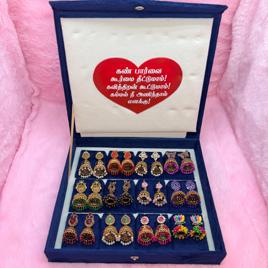 12 Pairs Premium Colorful Antique Jhumka Earrings Collection Combo in Luxury Velvet Gift Box