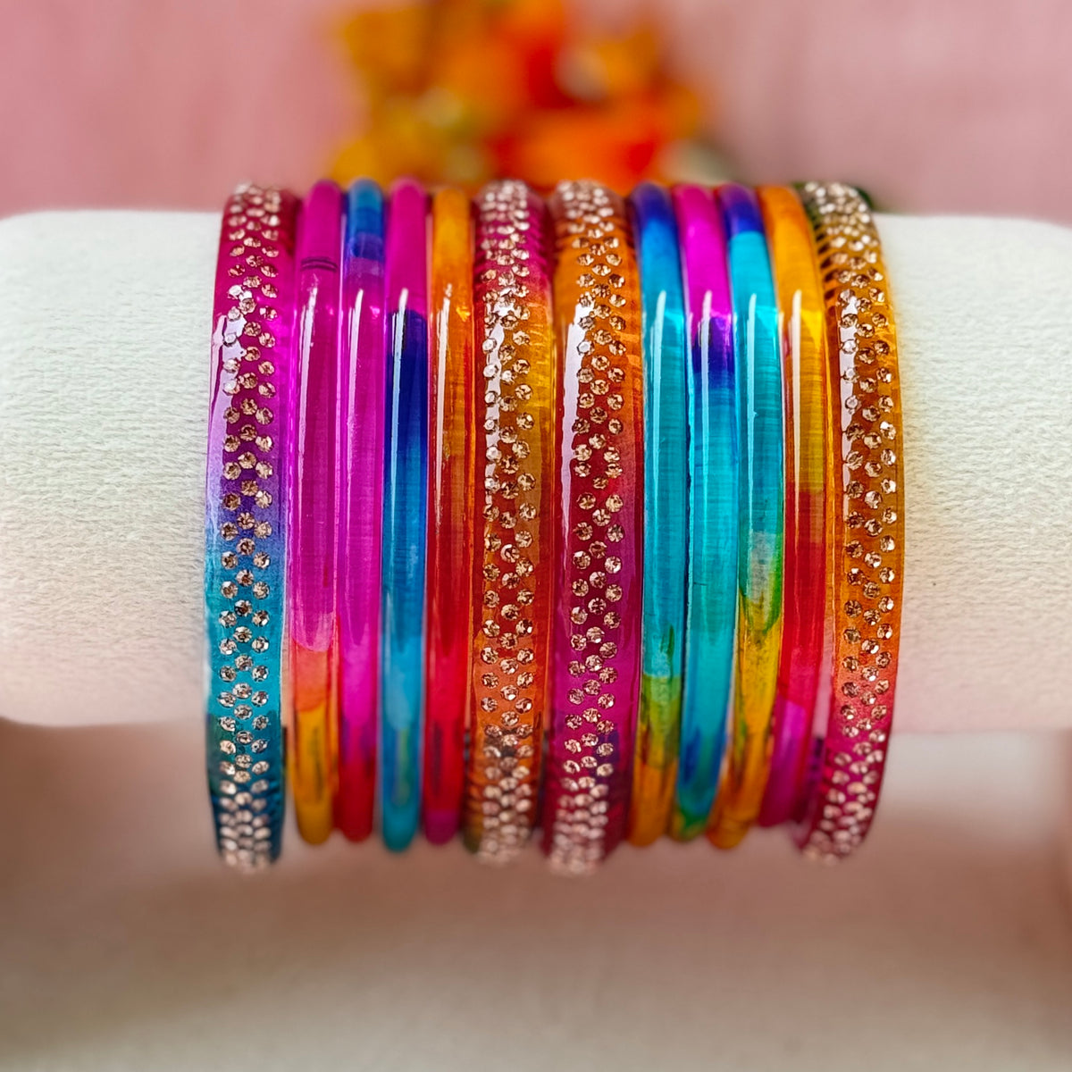 Jelly Glass Bangle Combo Set – 8 Pieces with Crystal Stone Side Bangles