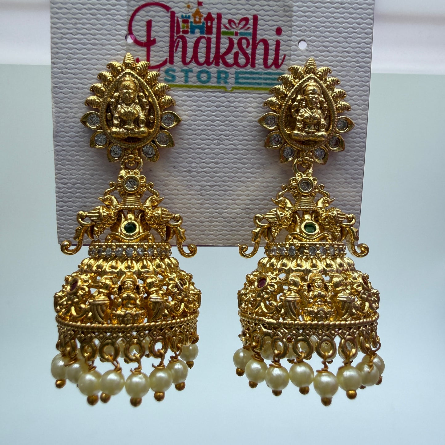 Lakshmi Temple Jhumka Earrings with Pearl Drops – Antique Gold Traditional Jewellery