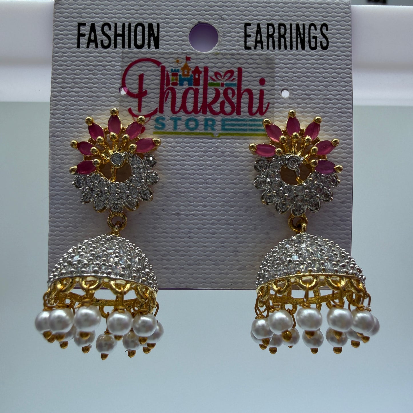 Pink Floral Stone Jhumka Earrings with Pearl Drops – Party Wear Ethnic Jewellery