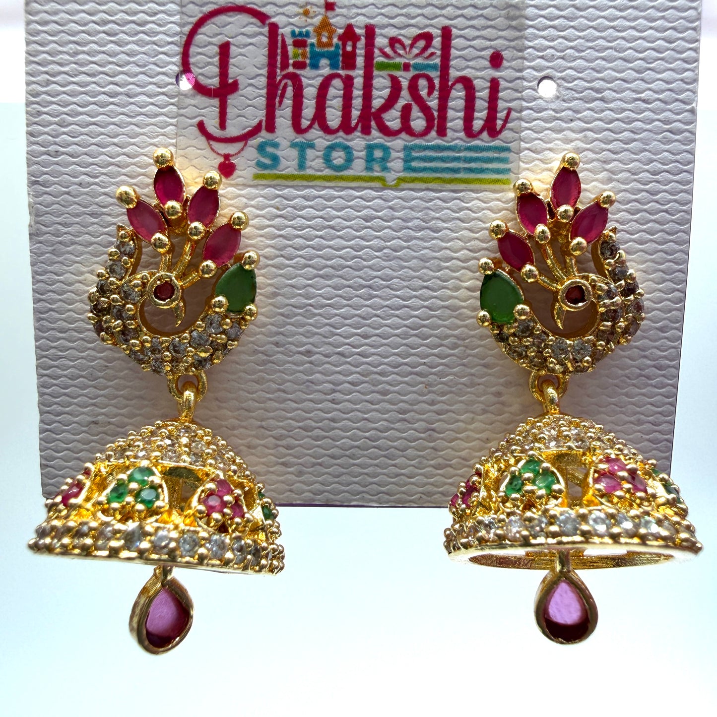 Peacock Design Stone Jhumka Earrings with Ruby Drop – Traditional Party Wear