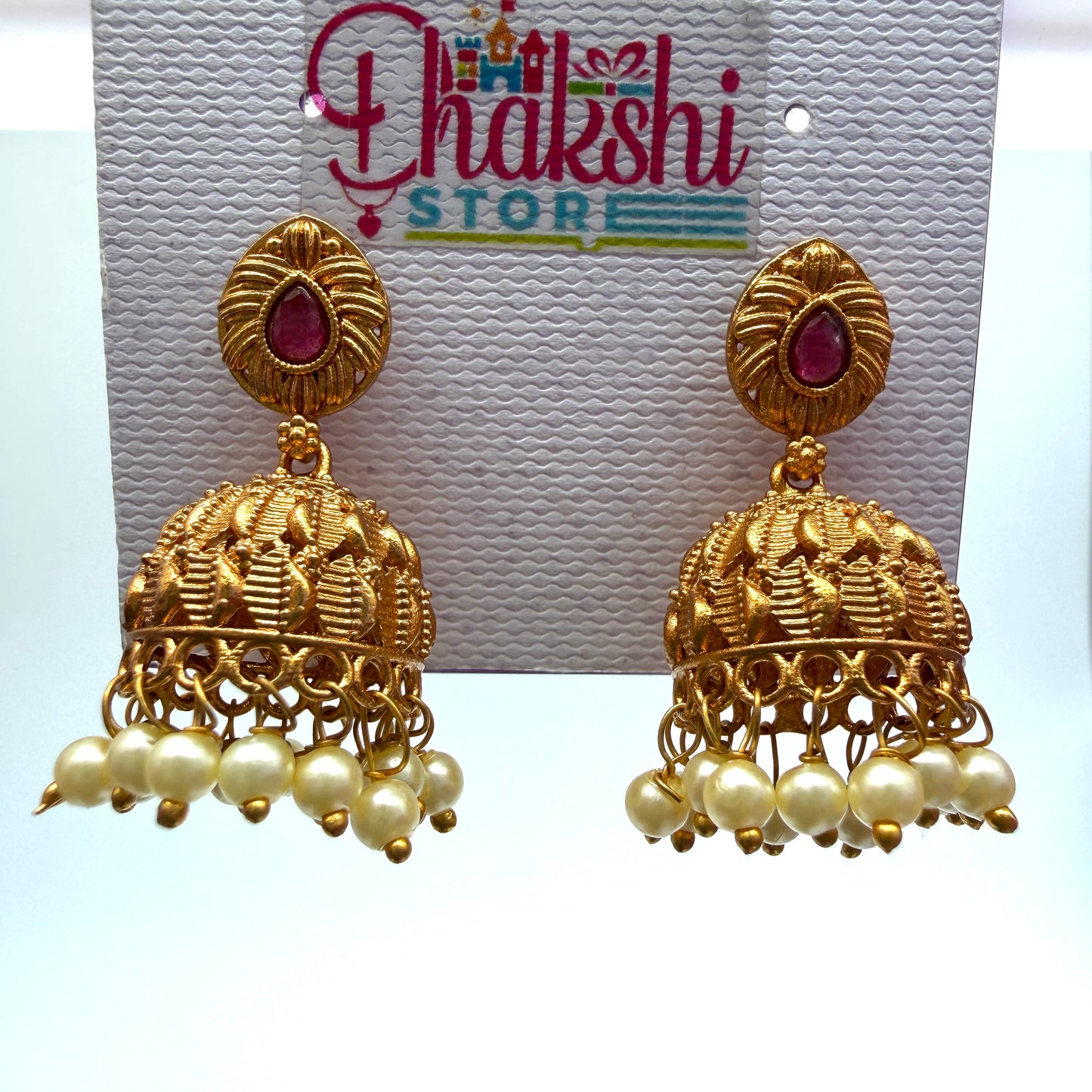 Antique Gold Temple Jhumka Earrings with Ruby Stone & Pearl Drops – Traditional Design