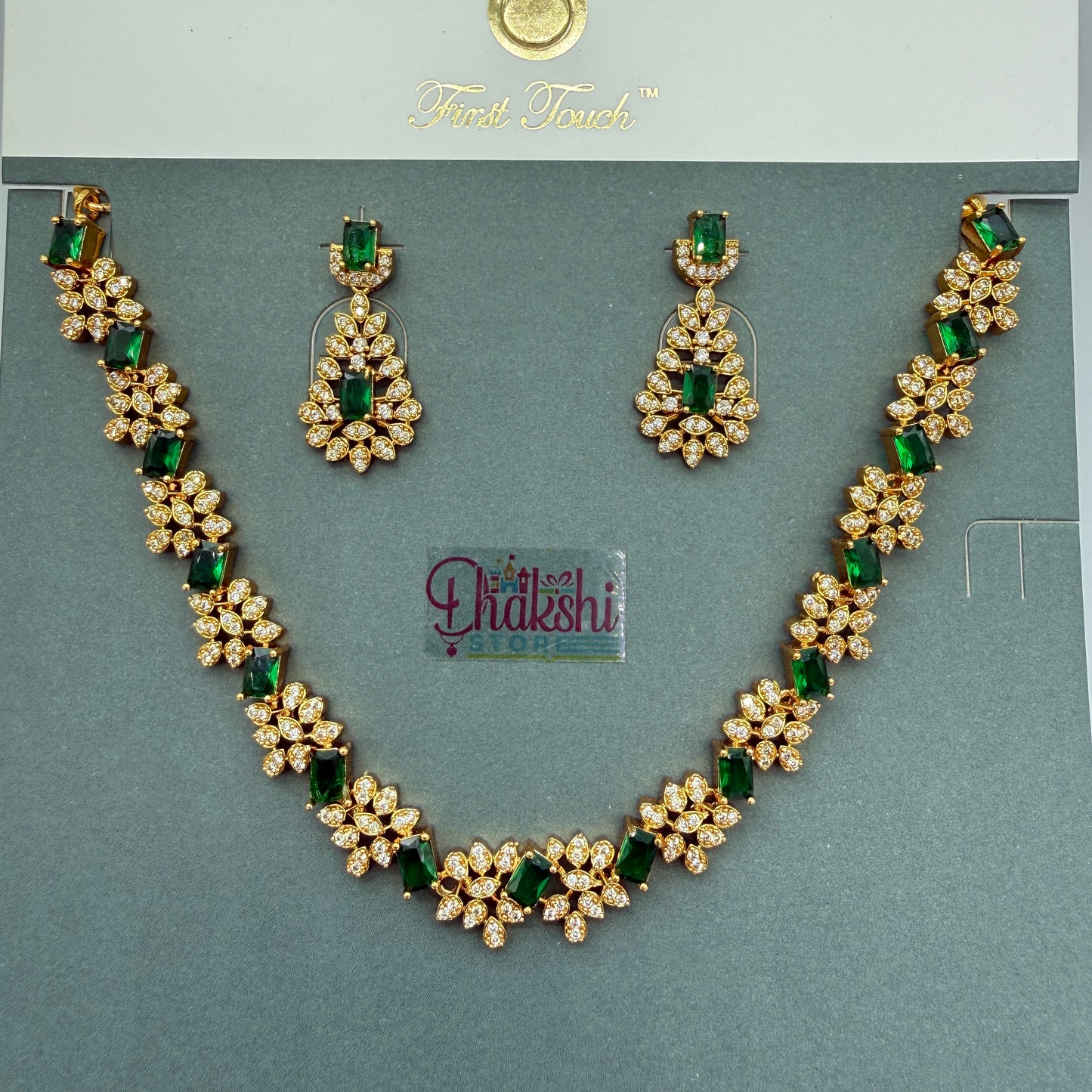 Emerald Green Designer Necklace Set with Crystal Stones – Bridal Party Wear