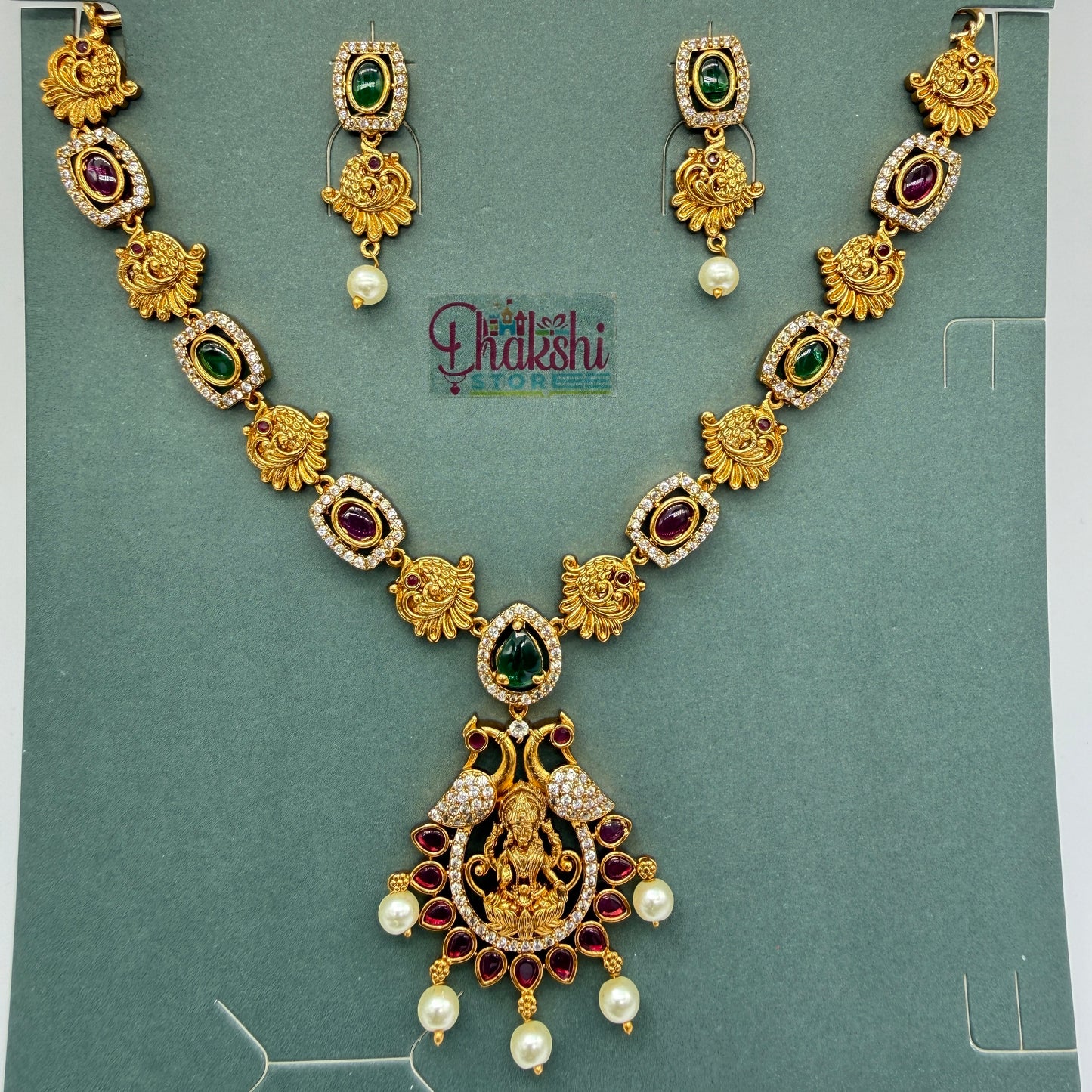 Traditional Temple Jewellery Necklace Set with Lakshmi Pendant – Gold Finish Bridal Set