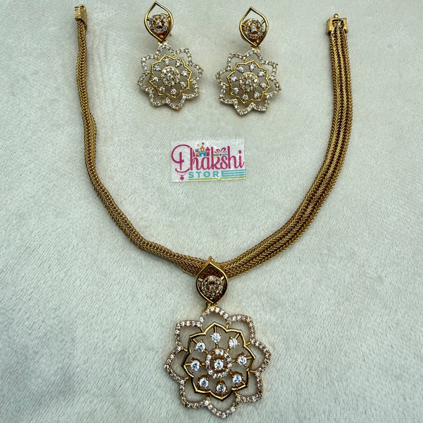 Floral Crystal Pendant Necklace Set – Gold Finish Designer Jewellery