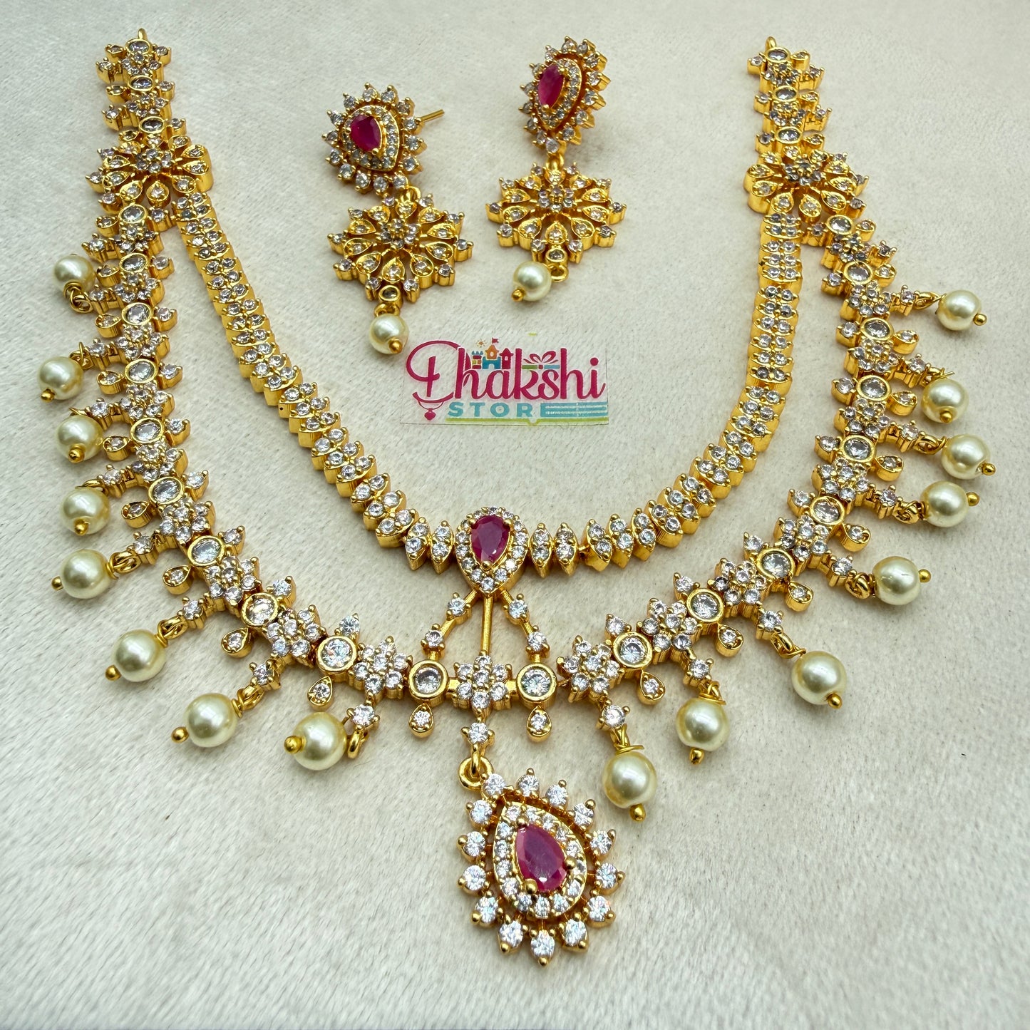 Royal Ruby Crystal Bridal Necklace Set with Pearls – Gold Finish Wedding Jewellery