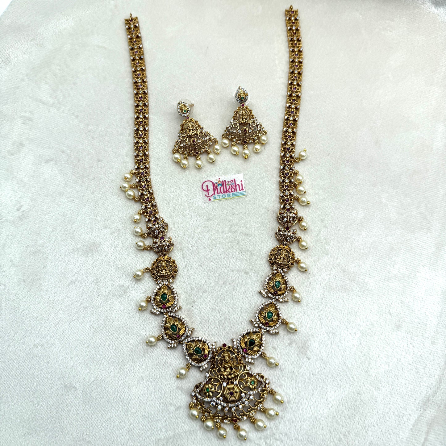 Traditional Temple Long Necklace Set with Lakshmi Pendant & Pearl Drops – Gold Finish Jewellery