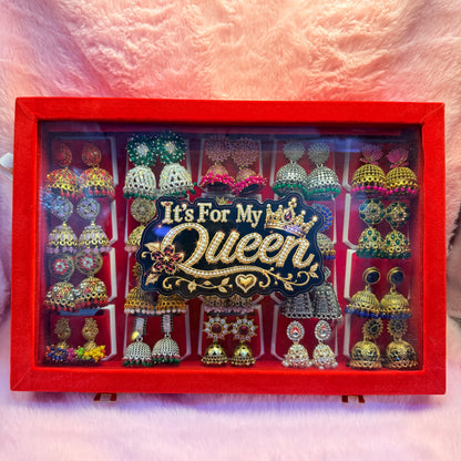 20 Pairs Premium Designer Jhumka Earrings Gift Collection with Red Velvet Display Box | It’s For My Queen | Traditional Ethnic Jewellery Gift for Women