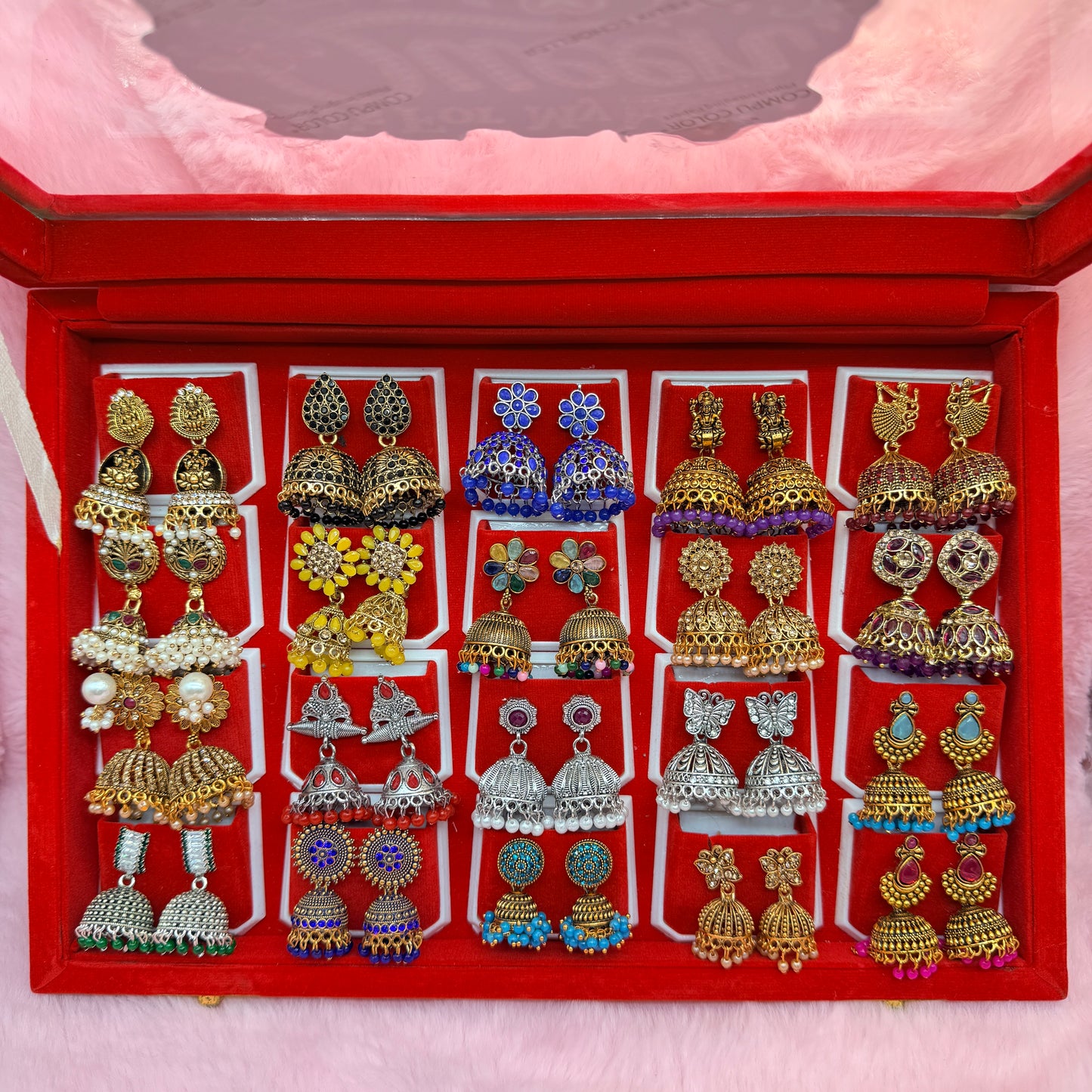 20 Pairs Premium Designer Jhumka Earrings Gift Collection with Red Velvet Display Box | It’s For My Queen | Traditional Ethnic Jewellery Gift for Women