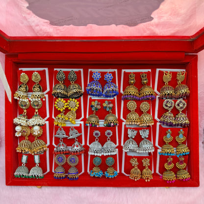 20 Pairs Premium Designer Jhumka Earrings Gift Collection with Red Velvet Display Box | It’s For My Queen | Traditional Ethnic Jewellery Gift for Women