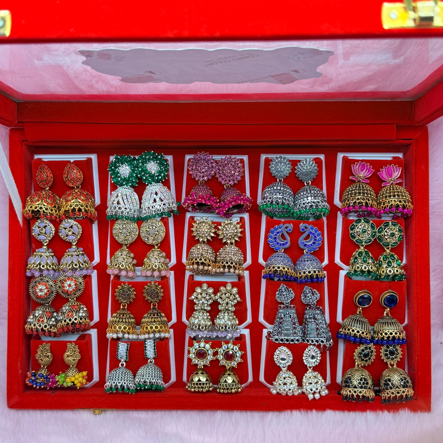 20 Pairs Premium Designer Jhumka Earrings Gift Collection with Red Velvet Display Box | It’s For My Queen | Traditional Ethnic Jewellery Gift for Women