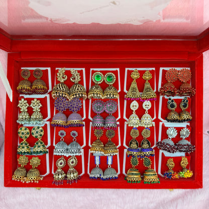 20 Pairs Premium Designer Jhumka Earrings Gift Collection with Red Velvet Display Box | It’s For My Queen | Traditional Ethnic Jewellery Gift for Women