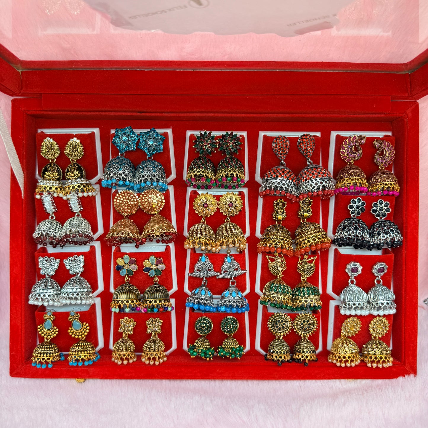 20 Pairs Premium Designer Jhumka Earrings Gift Collection with Red Velvet Display Box | It’s For My Queen | Traditional Ethnic Jewellery Gift for Women