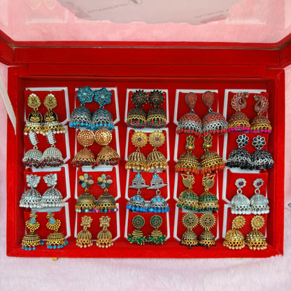20 Pairs Premium Designer Jhumka Earrings Gift Collection with Red Velvet Display Box | It’s For My Queen | Traditional Ethnic Jewellery Gift for Women