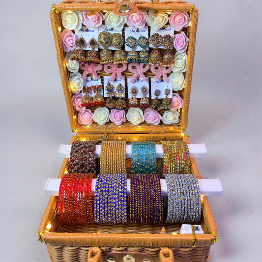 Premium Stone Glass Bangle with Matching Jhumka Combo (Set of 8) | Bridal Gift Hamper Box