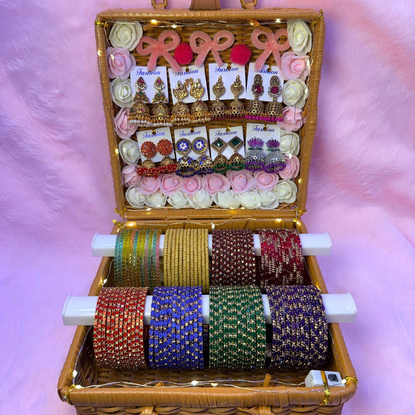 Premium Multi-Color Glass Bangle & Designer Jhumka Combo Gift Box – 8 Color Bridal Set with LED Basket