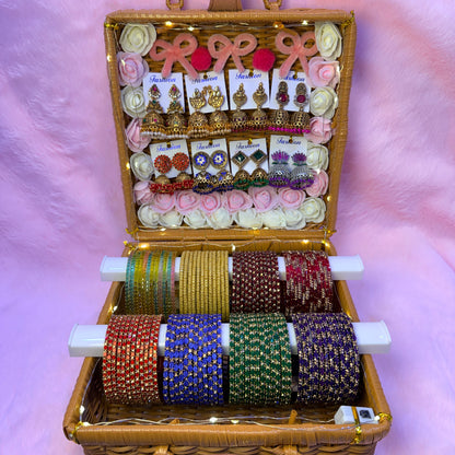 Premium Multi-Color Glass Bangle & Designer Jhumka Combo Gift Box – 8 Color Bridal Set with LED Basket