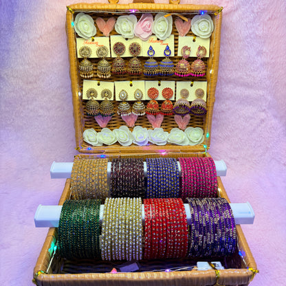 Royal Color Glass Bangle & Designer Jhumka Combo Gift Box – 8 Color Premium Set with LED Basket