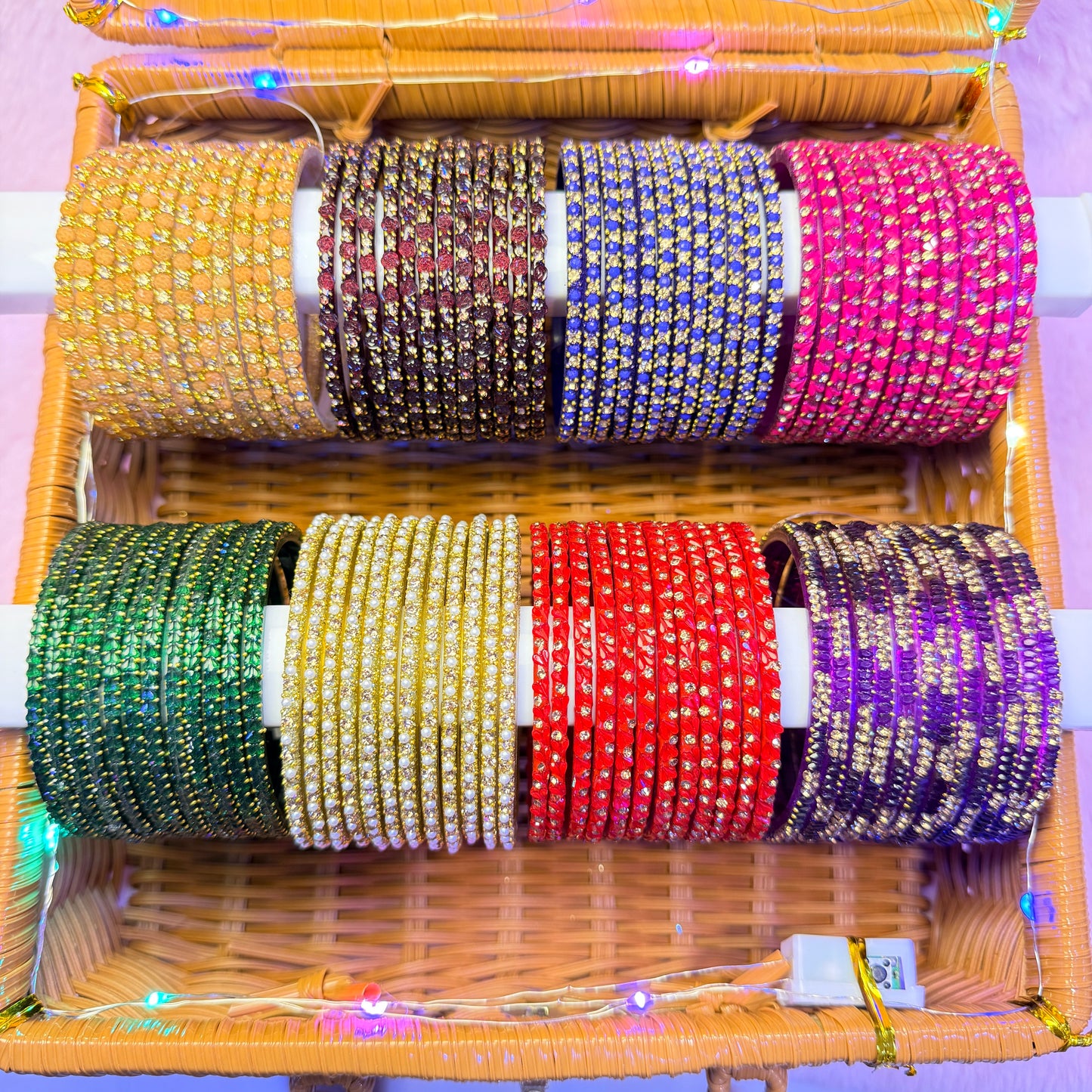 Royal Color Glass Bangle & Designer Jhumka Combo Gift Box – 8 Color Premium Set with LED Basket