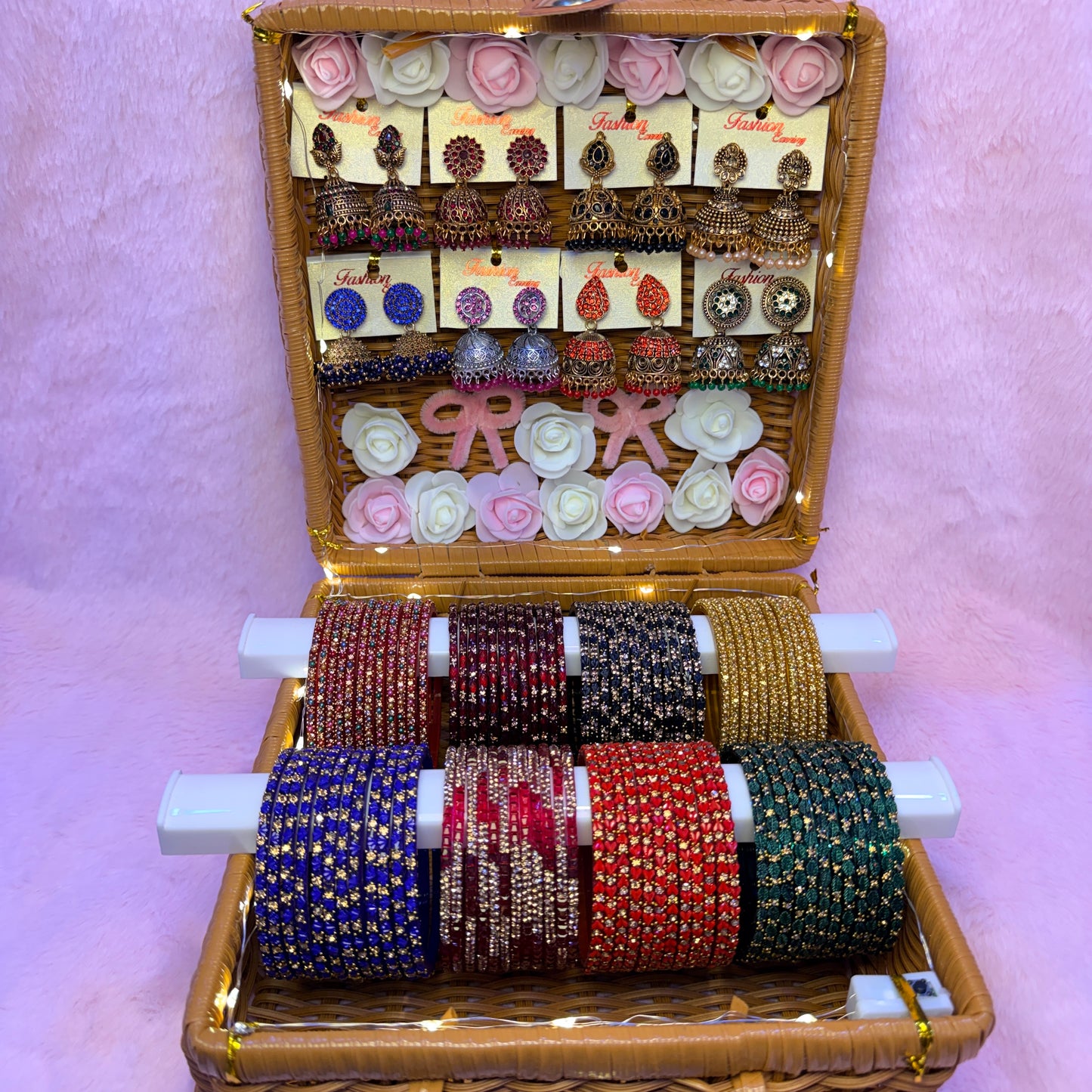 Luxury Bridal Glass Bangle & Premium Jhumka Combo Gift Box – 8 Color Set with Designer Earrings