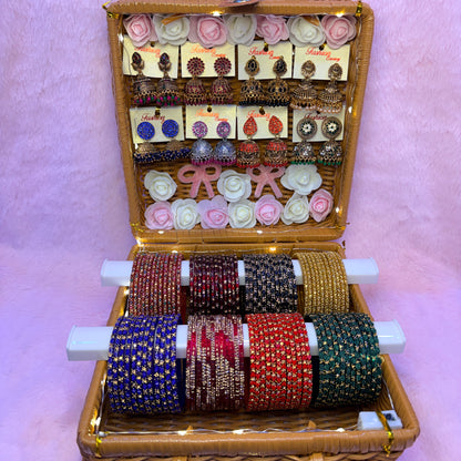 Luxury Bridal Glass Bangle & Premium Jhumka Combo Gift Box – 8 Color Set with Designer Earrings