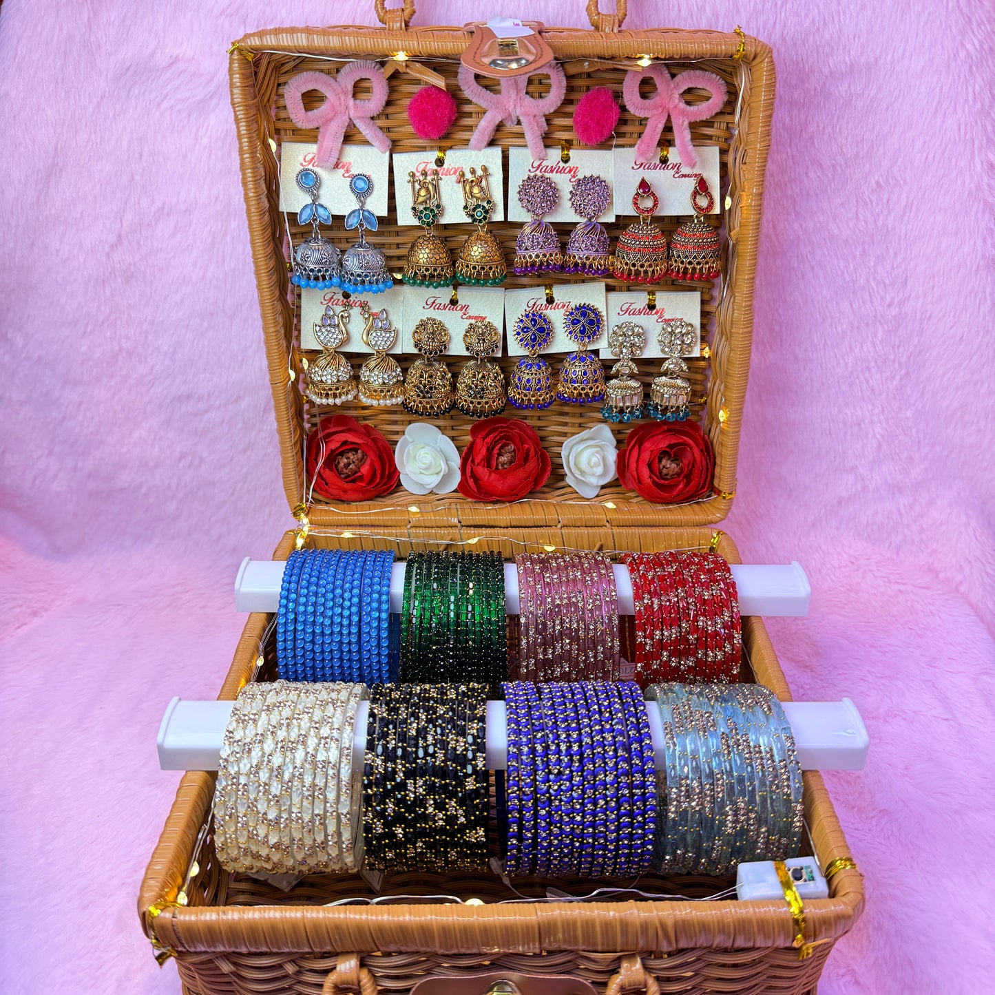 Premium Glass Bangle & Designer Jhumka Combo Gift Box – 8 Color Set with Earrings