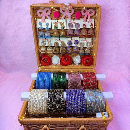 Premium Glass Bangle & Designer Jhumka Combo Gift Box – 8 Color Set with Earrings