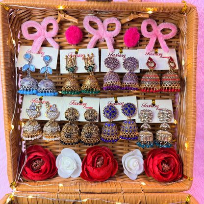 Premium Glass Bangle & Designer Jhumka Combo Gift Box – 8 Color Set with Earrings