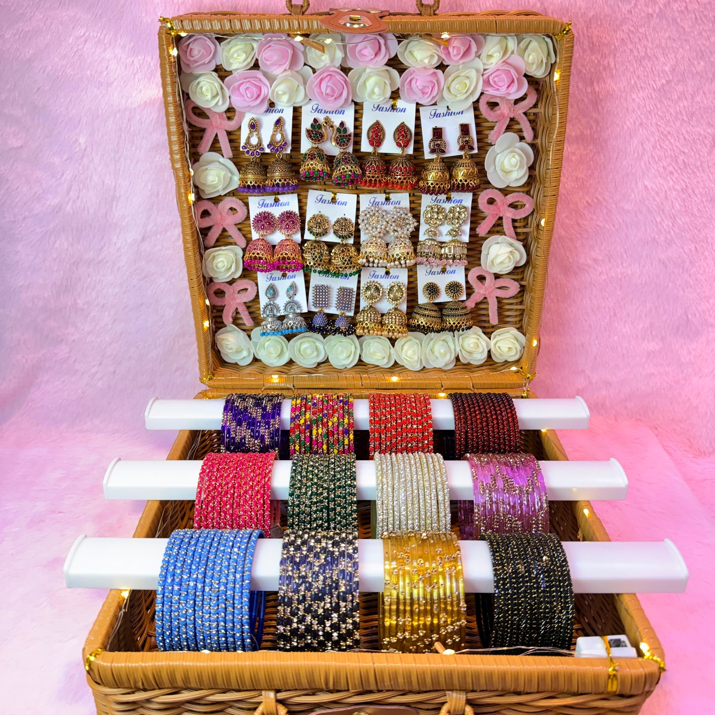 Premium Bridal Bangle & Jhumka Combo Gift Box Set – 12 Bangle Colors with Matching Earrings