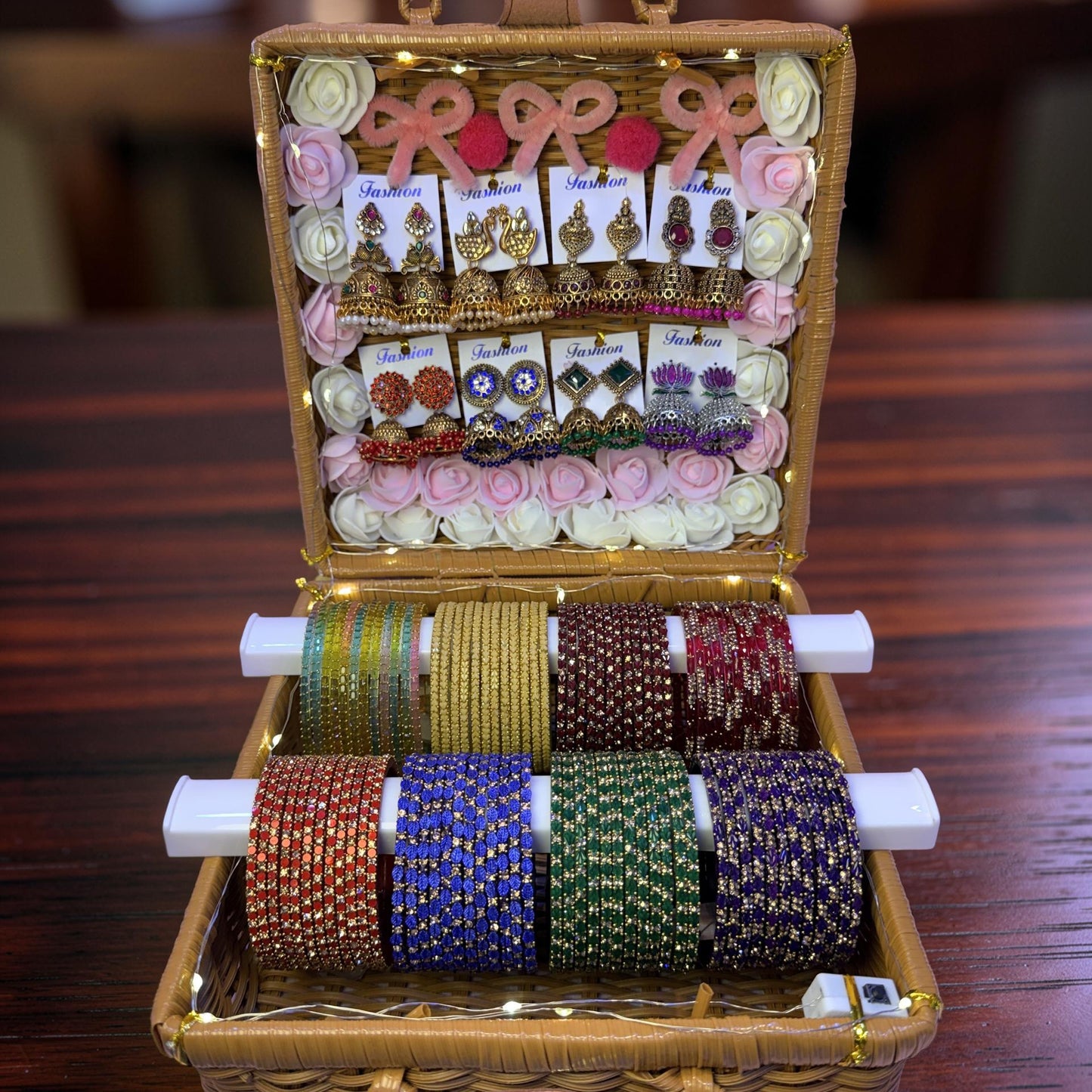 Premium Multi-Color Glass Bangle & Designer Jhumka Combo Gift Box – 8 Color Bridal Set with LED Basket