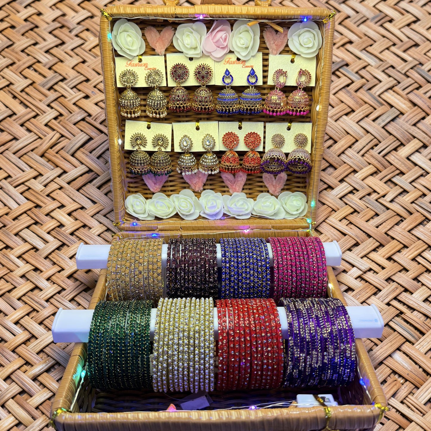 Royal Color Glass Bangle & Designer Jhumka Combo Gift Box – 8 Color Premium Set with LED Basket