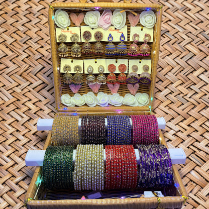 Royal Color Glass Bangle & Designer Jhumka Combo Gift Box – 8 Color Premium Set with LED Basket