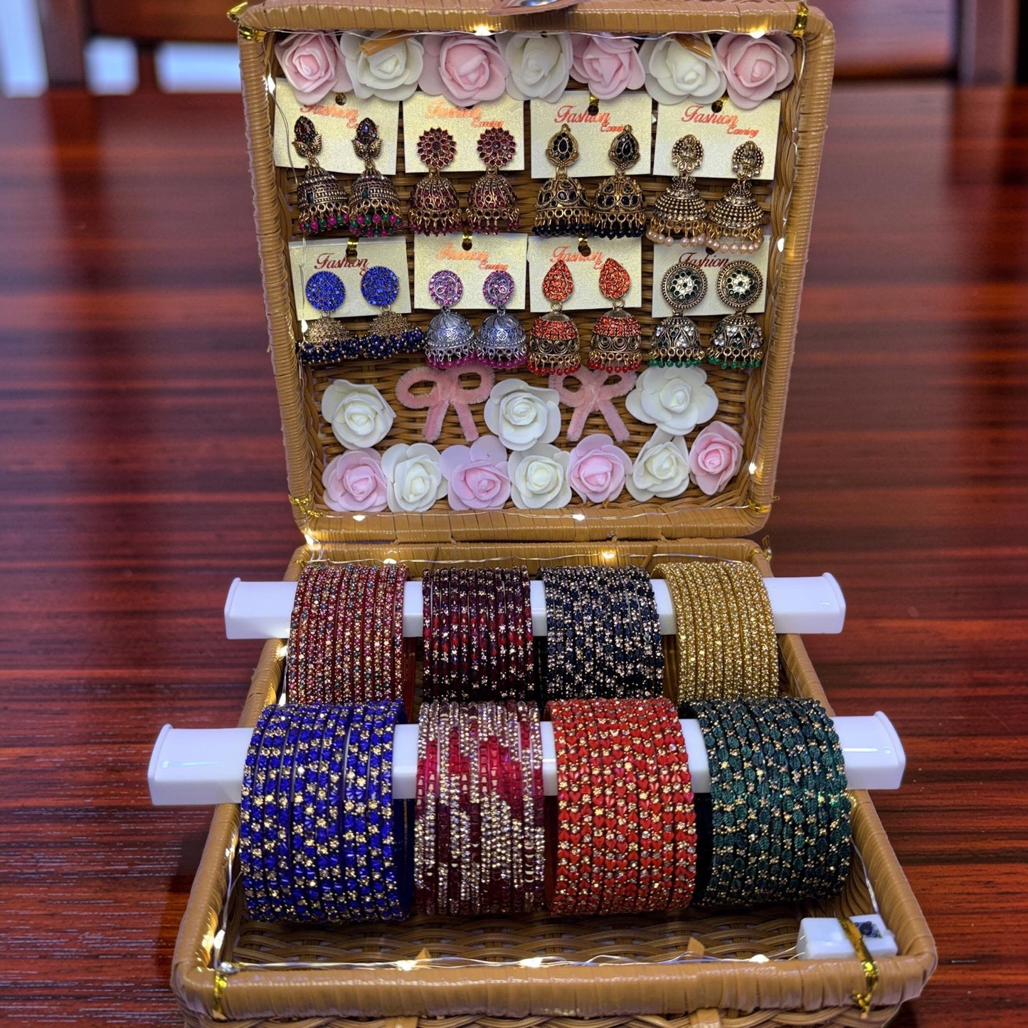 Luxury Bridal Glass Bangle & Premium Jhumka Combo Gift Box – 8 Color Set with Designer Earrings