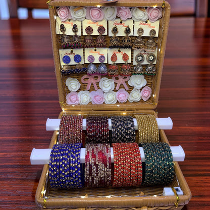 Luxury Bridal Glass Bangle & Premium Jhumka Combo Gift Box – 8 Color Set with Designer Earrings