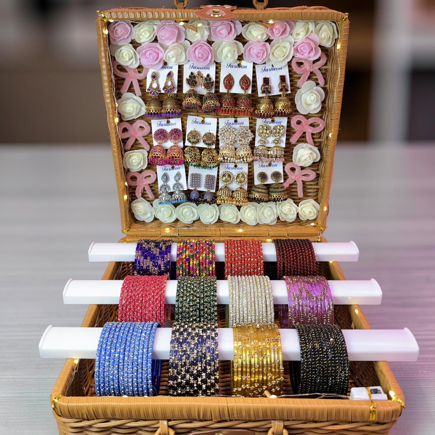 Premium Bridal Bangle & Jhumka Combo Gift Box Set – 12 Bangle Colors with Matching Earrings