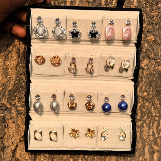 12 Pair Elegant Stud & Drop Earrings Combo Set | Pearl & Stone Designer Collection