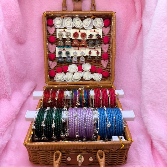 Mothi Mala Glass Bangle & Kashmiri Side Bangle with Matching Earrings Combo Set – Pack of 8