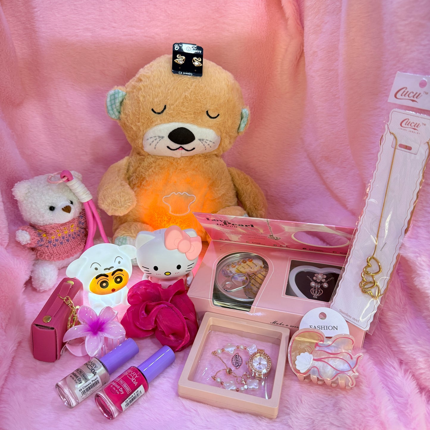14-in-1 Trending Mini Suitcase Gift Combo Set with Breathing Teddy, Hello Kitty Light Toy & Fashion Accessories