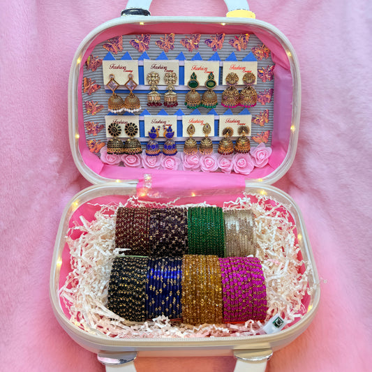 8 Dozen Trending Glass Bangles with Matching Jhumka Earrings Combo in Premium Mini Suitcase | Bridal & Gift Collection