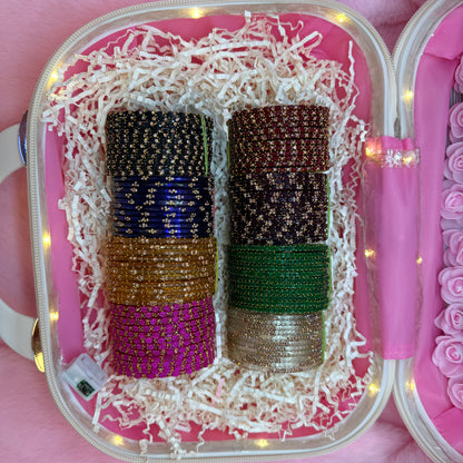 8 Dozen Trending Glass Bangles with Matching Jhumka Earrings Combo in Premium Mini Suitcase | Bridal & Gift Collection