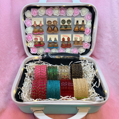 8 Dozen Trending Glass Bangles with Matching Jhumka Earrings Combo in Premium Mini Suitcase | Bridal & Gift Collection