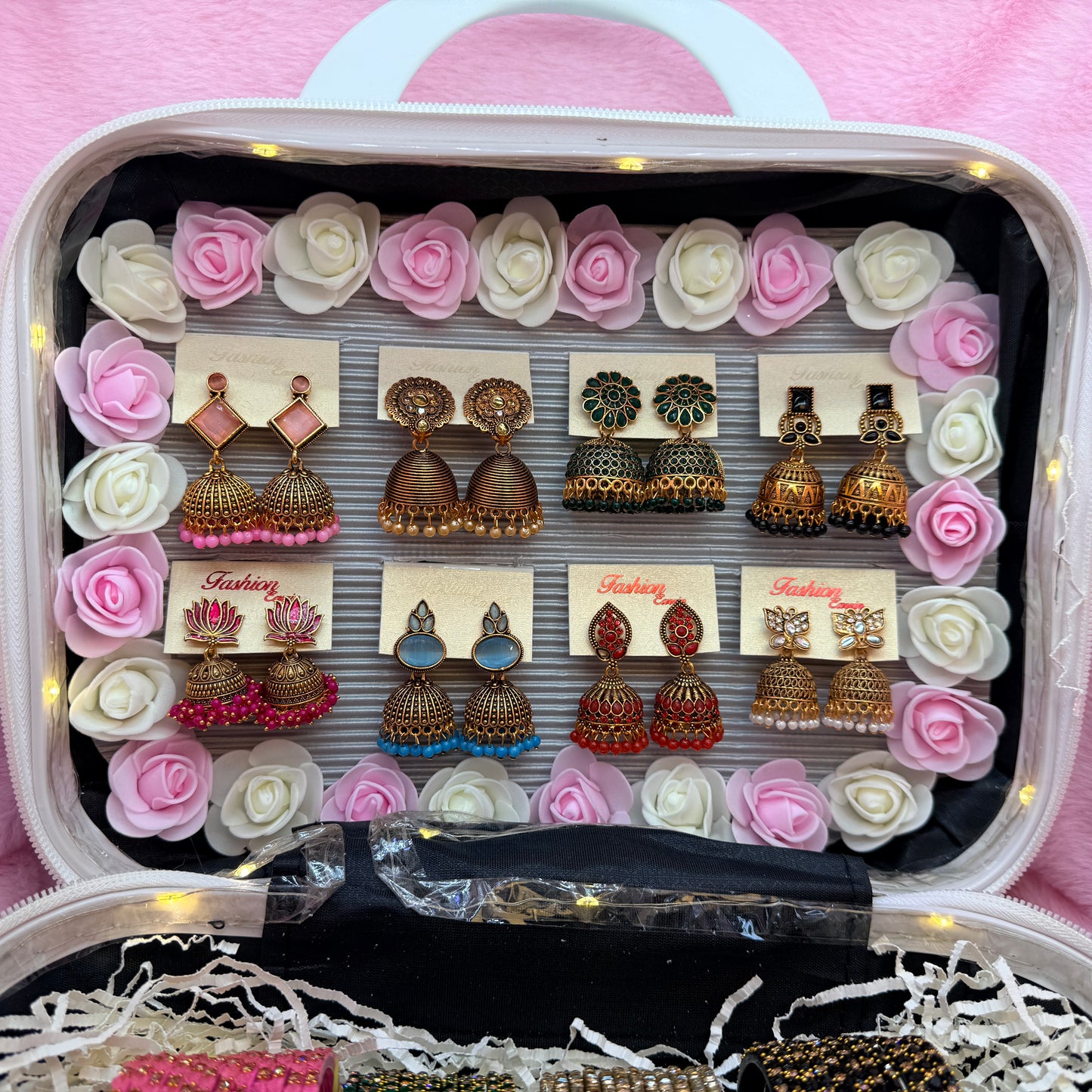 8 Dozen Trending Glass Bangles with Matching Jhumka Earrings Combo in Premium Mini Suitcase | Bridal & Gift Collection