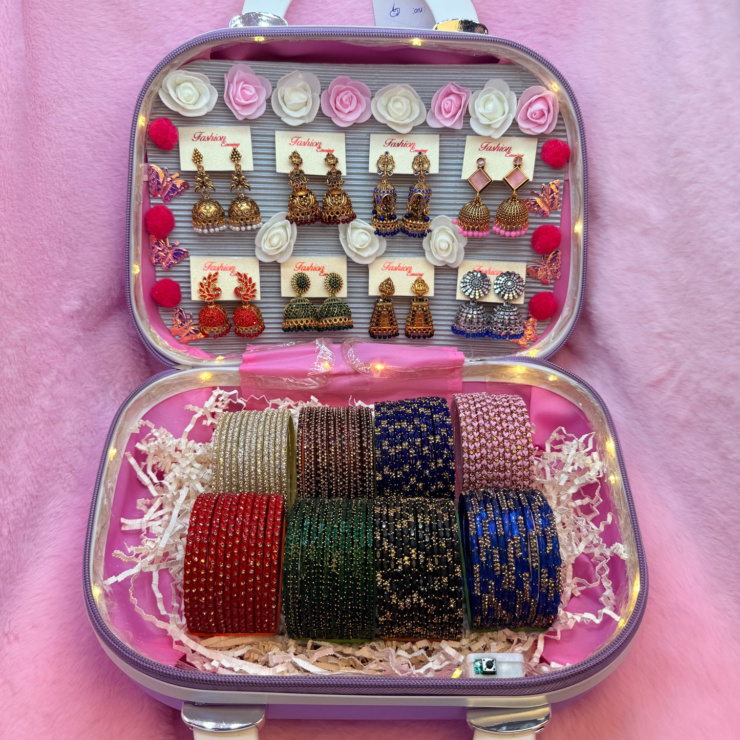 8 Dozen Trending Glass Bangles with Matching Jhumka Earrings Combo in Premium Mini Suitcase | Bridal & Gift Collection