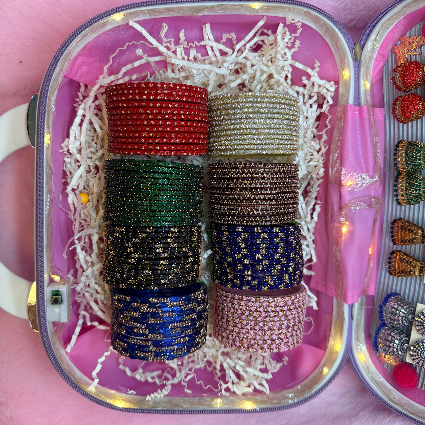 8 Dozen Trending Glass Bangles with Matching Jhumka Earrings Combo in Premium Mini Suitcase | Bridal & Gift Collection