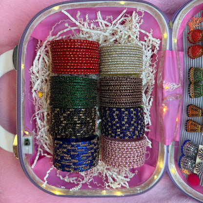 8 Dozen Trending Glass Bangles with Matching Jhumka Earrings Combo in Premium Mini Suitcase | Bridal & Gift Collection