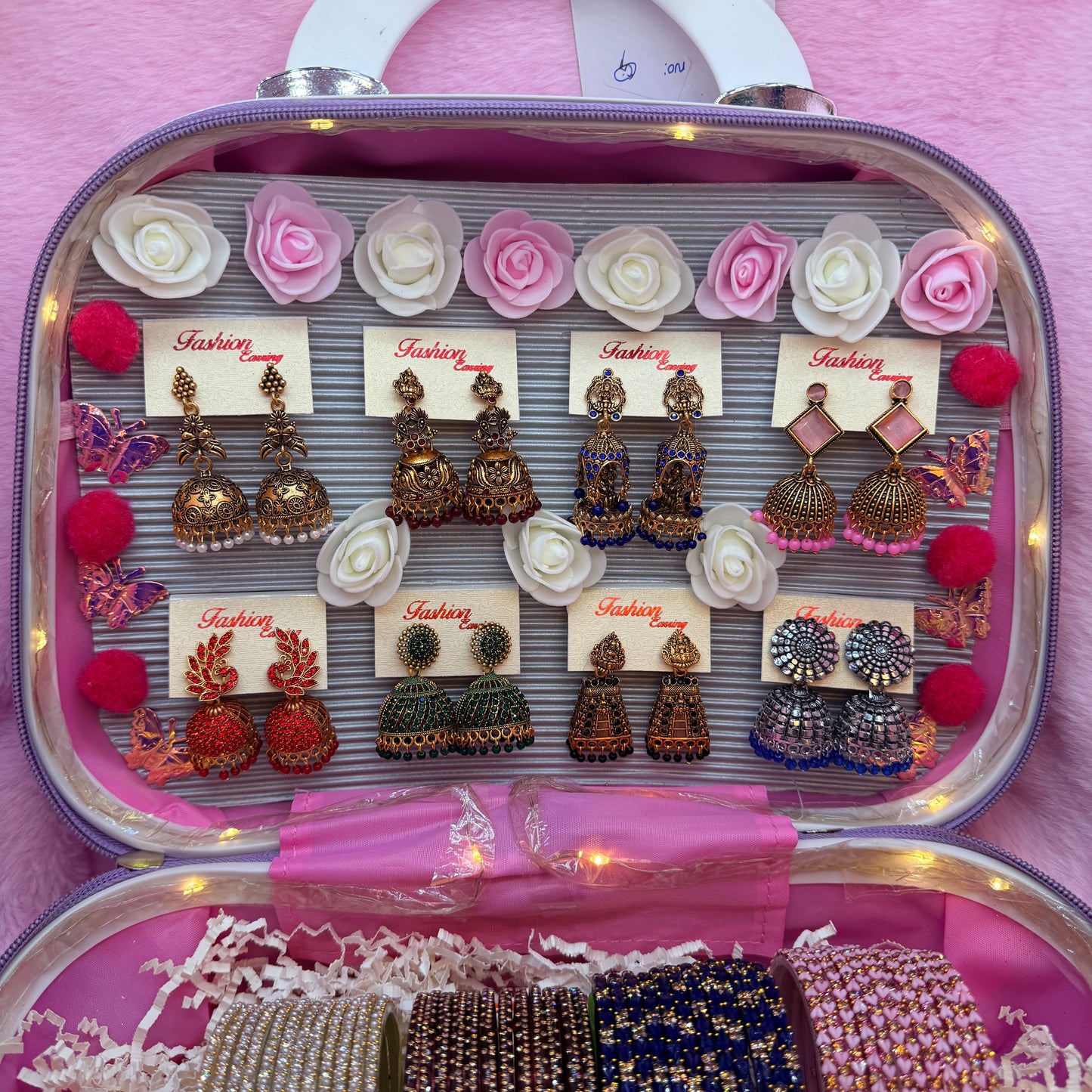 8 Dozen Trending Glass Bangles with Matching Jhumka Earrings Combo in Premium Mini Suitcase | Bridal & Gift Collection