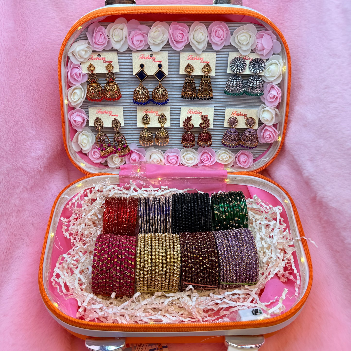 8 Set Glass Bangles & Premium Jhumka Earrings Combo in LED Mini Suitcase Gift Box