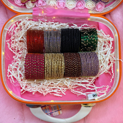 8 Set Glass Bangles & Premium Jhumka Earrings Combo in LED Mini Suitcase Gift Box